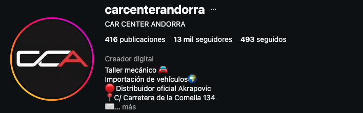 Captura pública del perfil de Car Center Andorra con 13 mil seguidores