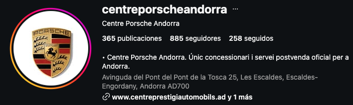 Captura pública del perfil de Centre Porsche Andorra con 885 seguidores