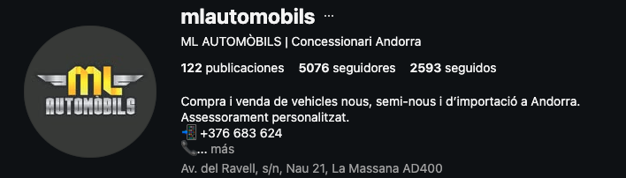 Captura pública del perfil de ML Automòbils con 5.076 seguidores