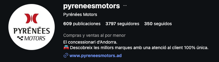Captura pública del perfil de Pyrénées Motors con 3.797 seguidores