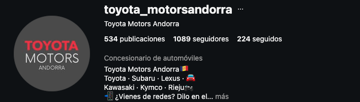 Captura pública del perfil de Toyota Motors Andorra con 1.089 seguidores