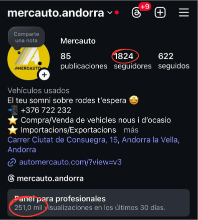 Perfil de Instagram de Mercauto el 14 de junio de 2025 con 1.824 seguidores