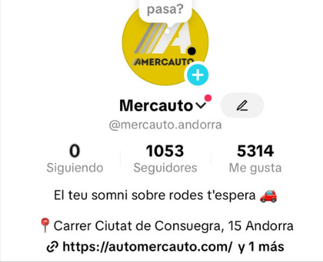 Perfil de TikTok de Mercauto el 14 de junio de 2025 con 1.053 seguidores