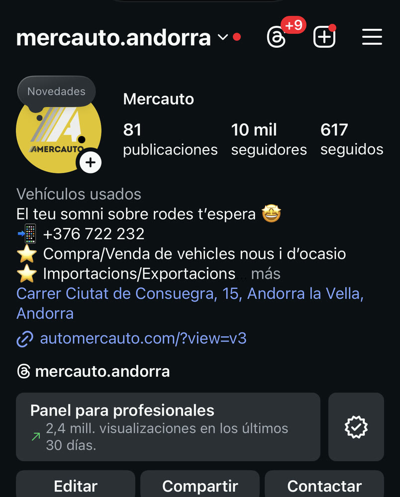Panel profesional de Instagram de Mercauto con 2,4 millones de visualizaciones en los últimos 30 días