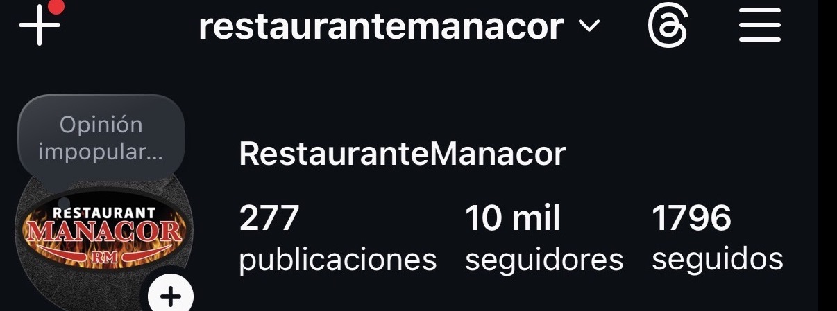 Perfil de Instagram de Restaurant Manacor después de 22 vídeos creados por XATET, con 10.000 seguidores